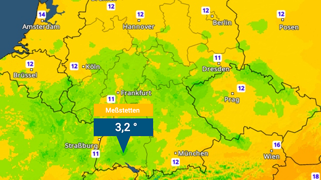Karte zeigt Temperaturen in Mitteleuropa; Pfeil markiert Meßstetten mit 3,2 °C.