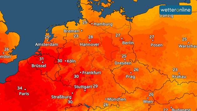TemperaturRadar für Mitteleuropa um 22 Uhr mit verbreitet 25 bis 30 Grad, am Oberrhein lokal noch über 30 Grad.