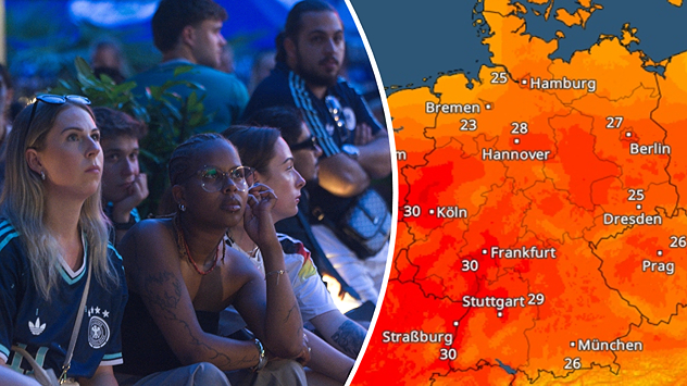 Fußballfans beim Public Viewing neben einer Temperaturkarte mit sommerlichen bis heißen Temperaturen in Deutschland.