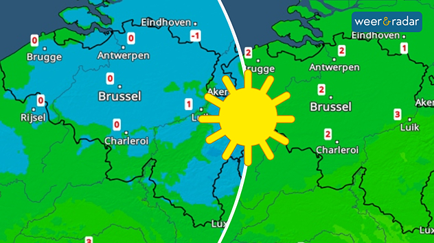 De temperatuur op eerste kerstdag (links) en tweede kerstdag (rechts). De linkerkaart is groen/blauw met maximumtemperaturen tussen de -1 en de +1 graden. De rechterkaart is groen en toont maxima van +1 tot +3 graden. Een zon is tussen beide kaarten ingetekend.