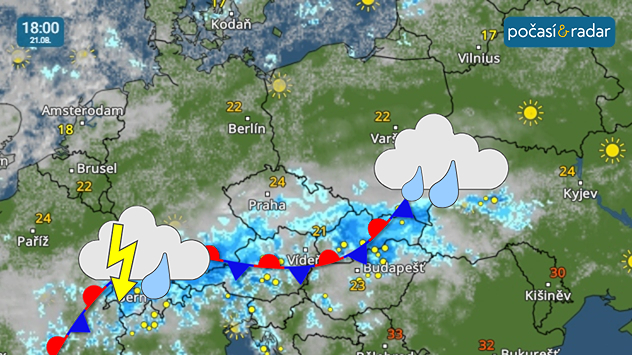 Meteoradar, screenshot, 21. 8. 18:00: Čtvrteční počasí v Česku ovlivní frontální rozhraní v souvislosti s tlakovou níží nad jihovýchodní Evropou.