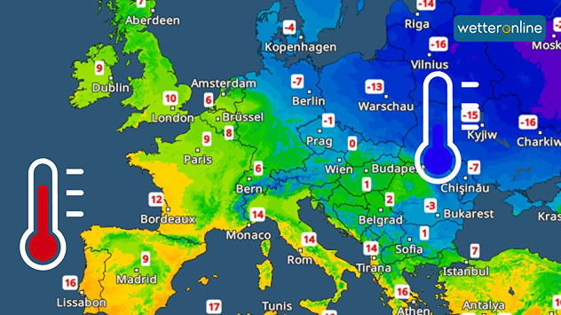 Hőmérsékletradar Európában, ahol nagy hőmérséklet-különbségek vannak: enyhe értékek Nyugat-Európában, nagyon hideg levegő Kelet-Európában, színes skálával és hőmérő szimbólumokkal ábrázolva.