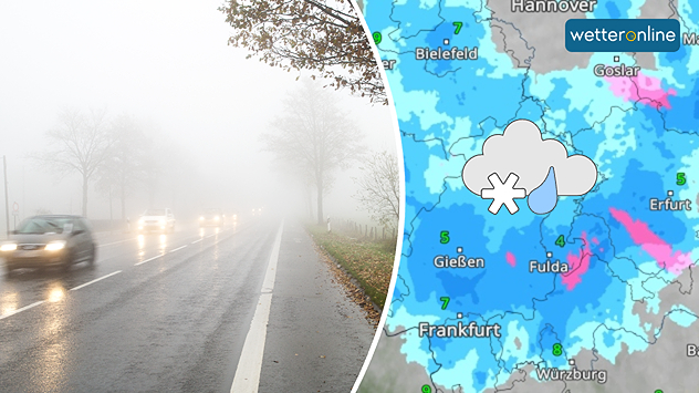 Autos fahren bei dichtem Nebel auf nasser Straße, daneben WetterRadar mit Schneeregen in den Hochladen und Regen in tieferen Lagen.