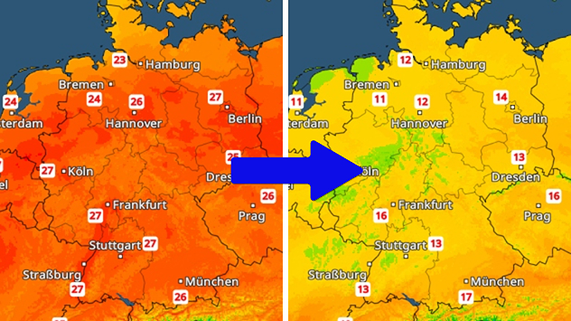 Tageshöchsttemperaturen: links für heute, rechts die Vorhersage für Sonntag.