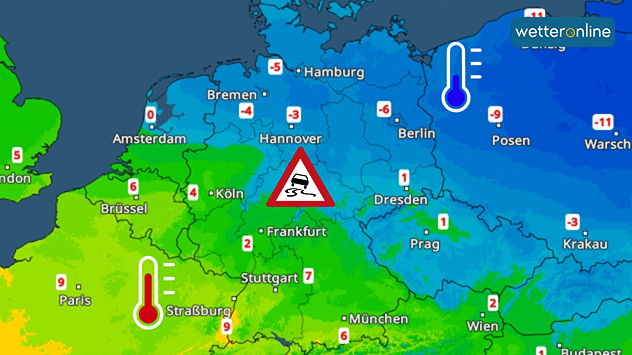 Milder Südwesten - Eisiger Nordosten: das TemperaturRadar zeigt minus 6 Grad in Berlin bei gleichzeitig 9 Grad in Freiburg.