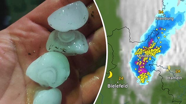 Geteiltes Bild: links HagelkÃ¶rner in Hand, rechts Radarbild mit Blitzclustern Ã¼ber Minden, violette Starkregenkerne und Temperaturanzeige bei 24â¯Â°C. (c) Tina Kitsios via WetterMelder Deutschland