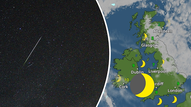 Split image with a shooting star streaking across a starry night sky on the left and a UK nighttime weather map on the right showing cloud, clear spells, and temperatures.