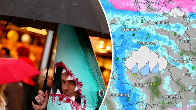 Geteilte Grafik: links eine Person im Kostüm unter einem Regenschirm bei Regen, rechts eine WetterRadar-Karte mit Regengebieten. (c) picture-alliance/ dpa | Oliver Berg