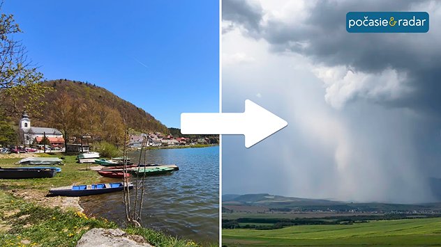 Prechod zo slnečného počasia pri vode k zamračenej oblohe so silnými prehánkami