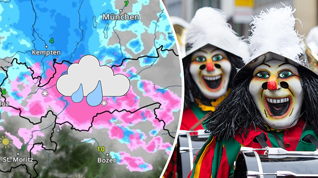 Links zeigt das WetterRadar Regen, rechts ist ein Faschingsnarr zu sehen.