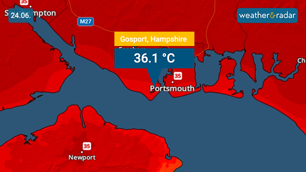 Heat map of southern England on 24.06 showing extreme temperatures across Hampshire, with Gosport highlighted at 36.1°C and nearby Portsmouth around 35°C amid deep red heat zones.