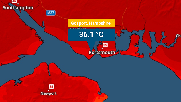 Heat map of southern England on 24.06 showing extreme temperatures across Hampshire, with Gosport highlighted at 36.1°C and nearby Portsmouth around 35°C amid deep red heat zones.