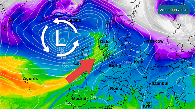 De weerkaart voor eind volgende week toont nog steeds actieve depressies op de oceaan, met aanhoudend zacht en wisselvallig weer bij ons.