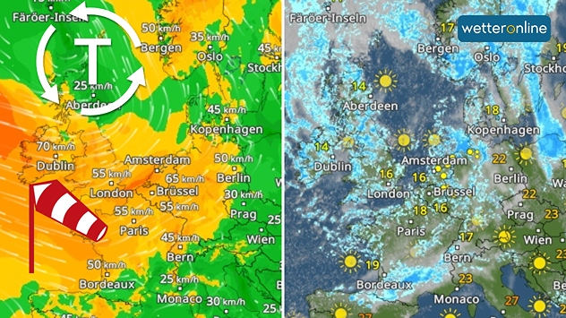 Geteilte Grafik mit WindRadar und WetterRadar für Europa. Ein Tief über dem Atlantik beeinflusst das Wetter mit Wind, Wolken und einzelnen Schauern.