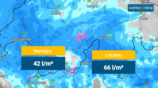 WetterRadar zeigt Regen in der Schweiz. Markiert sind die Orte Martigny und Locarno