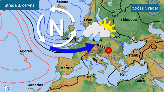 Předpověď synoptické situace nad Evropou na středu 3. června: Česko se bude v průběhu nového týdne často nacházet pod vlivem oblasti nižšího tlaku vzduchu ve vlhkém západním proudění.