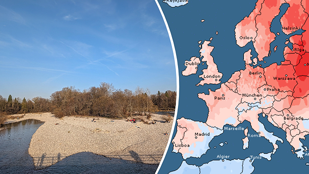 Geteiltes Bild: Niedrigwasser an einem Fluss und Europakarte mit roten Temperaturabweichungen. Der März war vielerorts zu warm und zu trocken. Stärkste Abweichungen in Osteuropa.