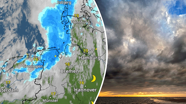 Die Grafik besteht aus zwei Bildern. Links ist ein Wettersatellitenbild für den Nordwesten Deutschlands zu sehen. Ein breites Regenband zieht von der Nordsee über die Niederlande Richtung Schleswig-Holstein und Niedersachsen. Dahinter lockert die Bewölkung bereits auf. Ein Mondsymbol weist auf die Abend- oder Nachtstunden hin. Rechts zeigt ein Foto einen dramatischen Himmel über dem Meer. Dunkle, dichte Wolken bedecken fast den gesamten Himmel, während am Horizont ein schmaler orange-gelber Streifen der untergehenden Sonne leuchtet. Die Szene vermittelt den Eindruck einer herannahenden Schauer- oder Gewitterfront.