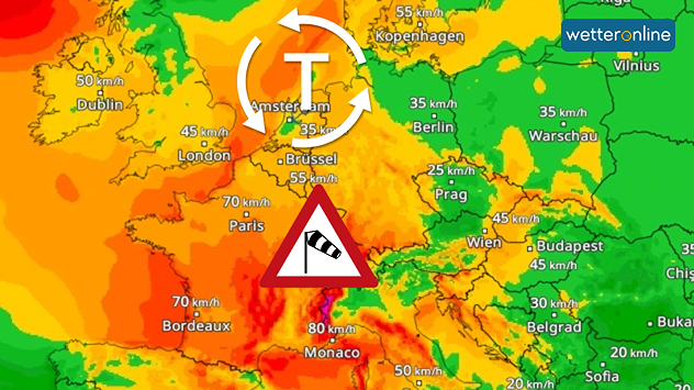 Wetterkarte mit Sturmtief über Mitteleuropa und Windwarnung bis 80 km/h.
