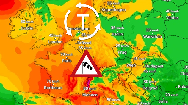 Wetterkarte mit Sturmtief über Mitteleuropa und Windwarnung bis 80 km/h.