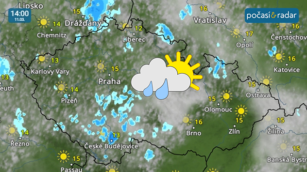 Meteoradar, screenshot, 11. 3. 14:00: Také nový březnový týden přinese teplé dny, které však již bude častěji doprovázet zvětšená oblačnost i s přeháňkami.
