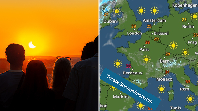 Des gens observent une éclipse solaire. Le soleil est déjà partiellement masqué. À côté, le radar météo pour mercredi, avec un ciel presque sans nuages.