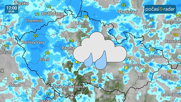 Meteoradar, screenshot, 7. 5. 12:00: Nejdeštivějším dnem by měl být čtvrtek, kdy se srážky objeví na většině území a hlavně v Čechách mohou být místy i trvalejší.