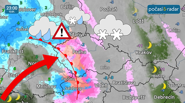 Meteoradar, screenshot, 12. 1. 23:00: Teplá fronta do Česka kromě oteplení přinese také sněžení, déšť a mrznoucí srážky s tvorbou ledovky.