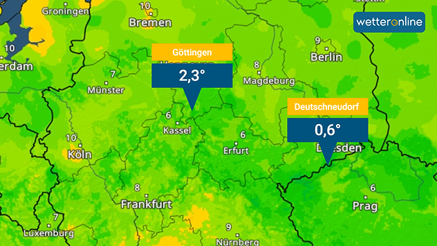 TemperaturRadar mit Tiefstwerten, Göttingen 2,3 °C und Deutschneudorf 0,6 °C.