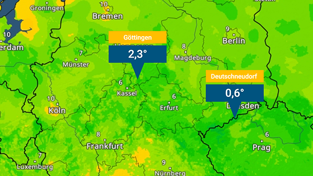 Wetterkarte mit Tiefstwerten, Göttingen 2,3 °C und Deutschneudorf 0,6 °C.