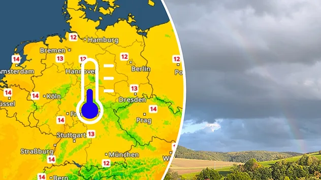 Geteiltes Bild mit dem TemperaturRadar für Sonntag und einer Landschaft unter dunklen Wolken. Die Höchstwerte liegen in Deutschland meist zwischen 12 und 14 Grad.