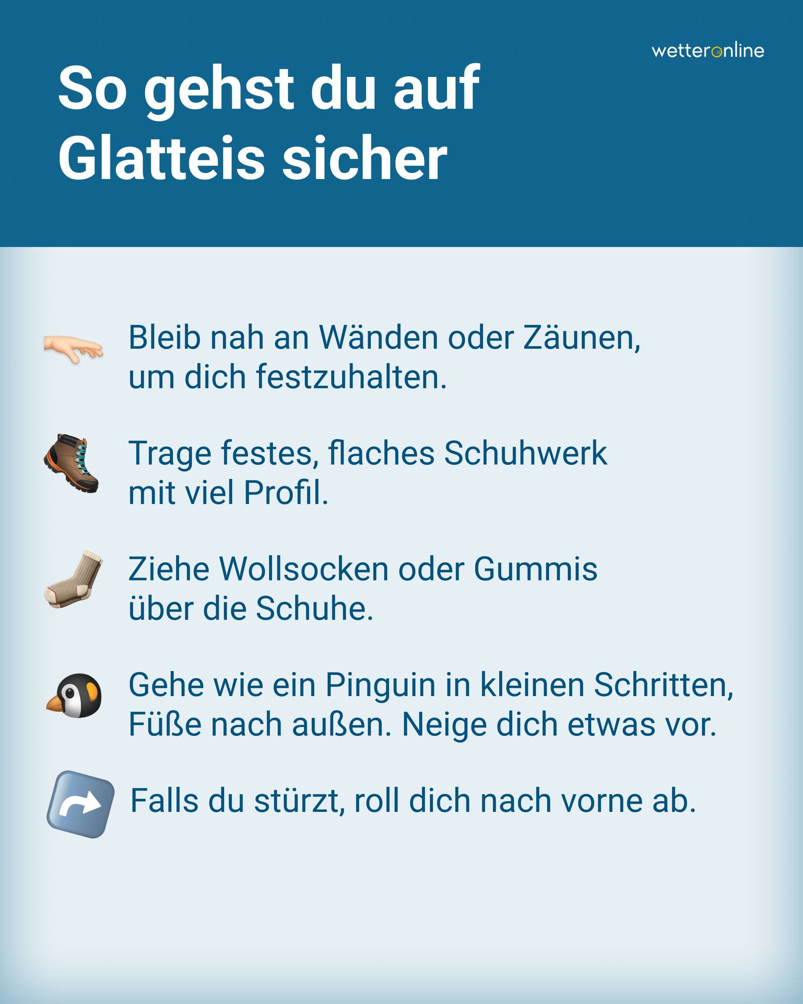 Infografik mit Tipps zum sicheren Gehen auf Glatteis, darunter geeignetes Schuhwerk, kleine Schritte und Halt an festen Objekten.