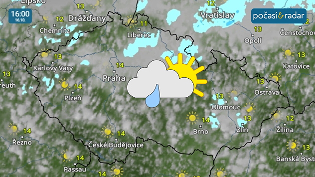 Meteoradar, screenshot, 16. 10. 16:00: Ve dnech do konce tohoto pracovního týdne nám počasí nabídne podobný scénář – zpravidla převahu oblačné oblohy, místy s výskytem slabého deště nebo mrholení.