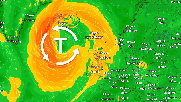 WindRadar zeigt Windspirale um das Tief bei Island