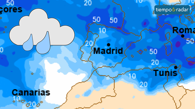 Mapa de acumulados, con lluvia que estará presente en toda España. 