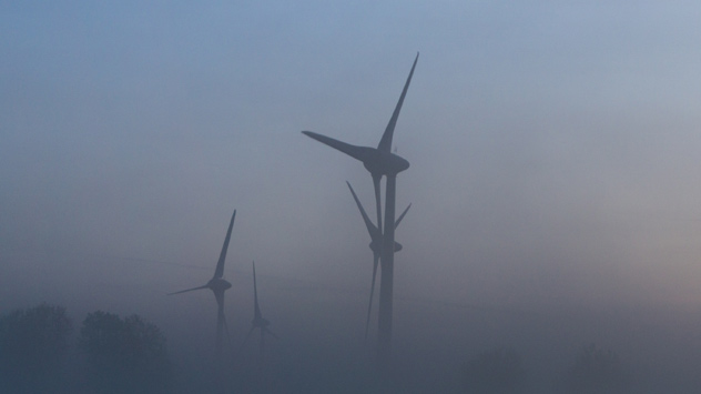 Die Rotoren der Windräder stehen bei kaum vorhandenem Wind derzeit still. 