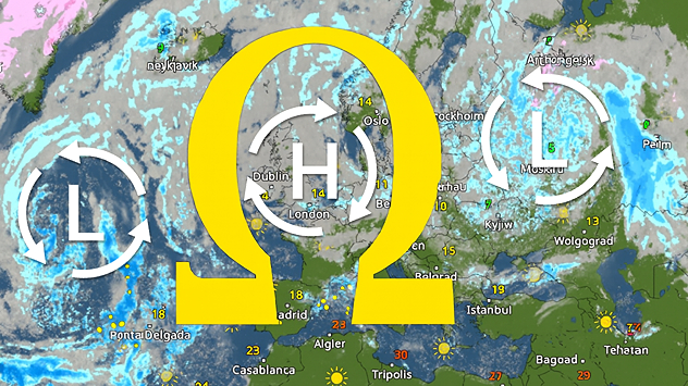 Weather & Radar's weather radar map shows a blocking omega weather pattern: a stable high-pressure system over Great Britain (H), flanked by two low-pressure systems (T), creates a typical pattern for persistent grey weather in autumn and winter.