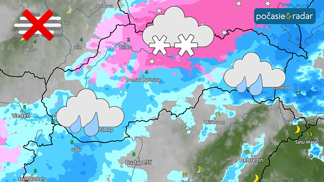 Meteomapa s vyznačením očakávanej intenzity a formy zrážok - juh dážď a sever postupne sneženie. Vľavo hore je vyznačená preškrtuntá hmla ako symbol skončenia inverzie.