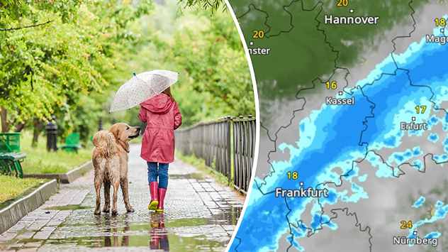 Rechts: Kind mit Hund und Regenschirm im Regen. Rechts: WetterRadar