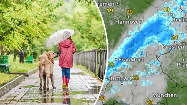 Rechts: Kind mit Hund und Regenschirm im Regen. Rechts: WetterRadar (c) T.Vyc/Shutterstock.com