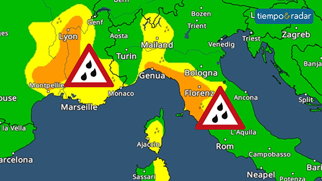 El mapa muestra las alertas por lluvias torrenciales en el sureste de Francia e Italia. Las zonas afectadas aparecen resaltadas en color.