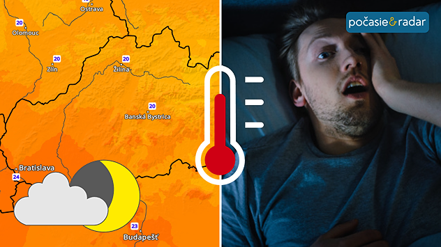Rozdelená grafika s mapou nočných teplôt na Slovensku, ikonou mesiaca a oblačnosti, teplomerom a mužom v posteli, ktorého trápi horúca noc