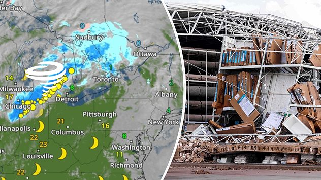 WetterRadar mit Tornadosymbol über Michigan neben Foto eines zerstörten Gebäudes mit eingestürztem Dach und verstreuten Trümmern. (c) dpa