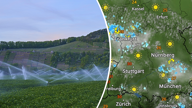 Bewässerungsanlagen auf Feldern in Bayern neben einer WetterRadar-Karte mit nur wenigen Schauern. Der Frühling ist außergewöhnlich trocken, Regen bleibt weiter Mangelware.