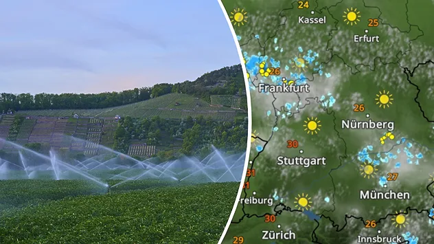 Bewässerungsanlagen auf Feldern in Bayern neben einer WetterRadar-Karte mit nur wenigen Schauern. Der Frühling ist außergewöhnlich trocken, Regen bleibt weiter Mangelware.