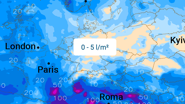 Niederschlagskarte Europas mit überwiegend geringen Mengen. Markierung 0–5 l/m² über Mitteleuropa.