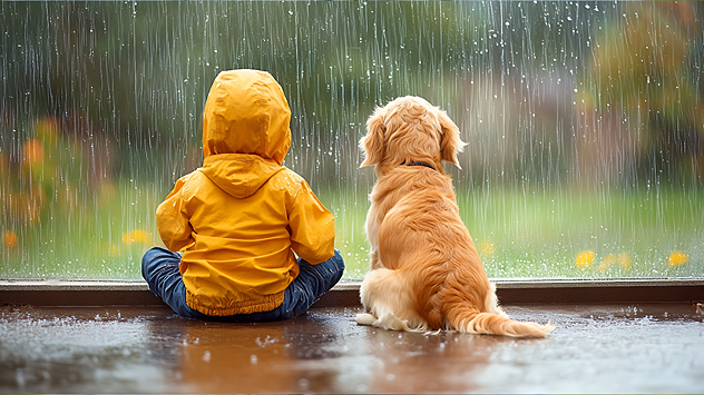 Kind in gelber Regenjacke und Hund sitzen nebeneinander vor einem Fenster und schauen in den strömenden Regen nach draußen.