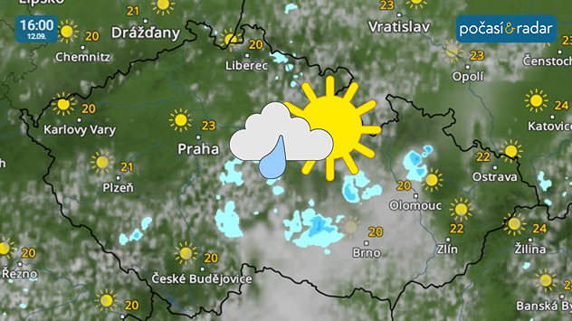 Meteoradar, screenshot, pátek 12. 9. 16:00: V pátek srážky ustanou a obloha se částečně projasní. Odpolední teploty se budou pohybovat kolem 22 °C.