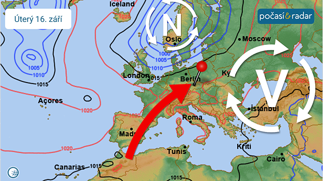 Předpověď, mapa synoptické situace nad Evropou, úterý 16. 9. Zkraje příštího týdne nad Českem zesílí vliv tlakové výše, zároveň se k nám obnoví příliv teplého vzduchu od jihozápadu.