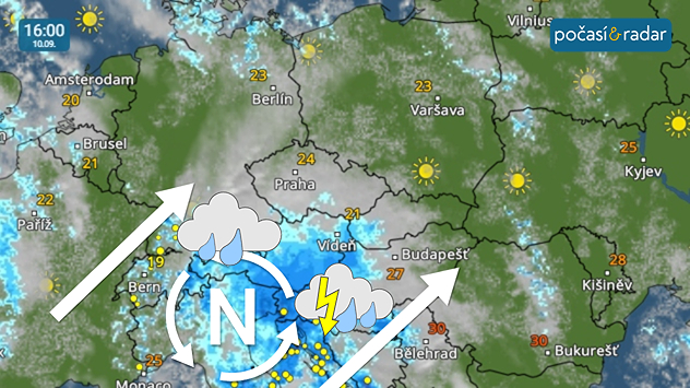 Meteoradar, screenshot, 10. 9. 16:00: Počasí v Česku začne ve středu večer ovlivňovat tlaková níže, která bude postupovat přes část střední Evropy ze severní Itálie směrem na severovýchod.